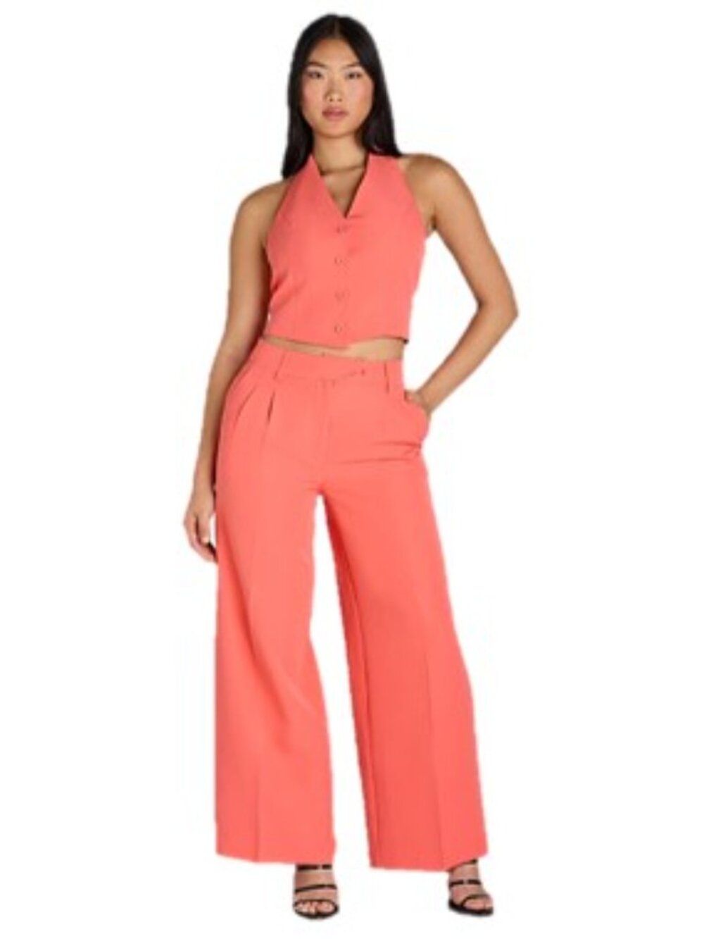 Attitude Unknown 2 Pc Halter Wide Leg Pant Set. Colors Black and Apricot